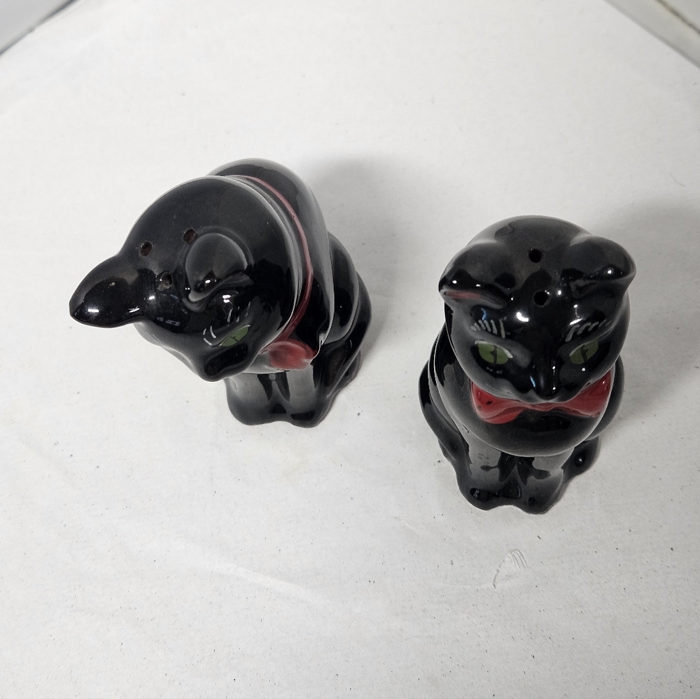 Vintage Shafford Redware Pottery Black CAT Salt & Pepper Shakers MCM - Picture 6 of 8